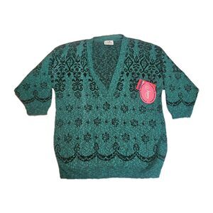 Vintage 80s Alberoy USA Sweater NWT Teal Black Knit Retro Boho Artsy Pattern L